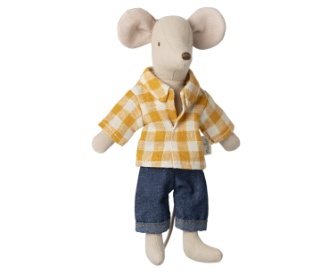 Maileg Papa Maus mit gelb kariertem Hemd und Jeans