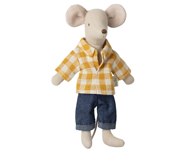Maileg Papa Maus mit gelb kariertem Hemd und Jeans